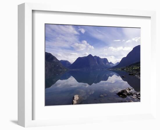 Mountain Reflecting in Fjord Waters, Norway-Michele Molinari-Framed Photographic Print