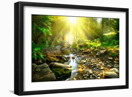 Mountain River With, Forest Landscape. Tranquil Waterfall Scenery in the Middle of Green Forest-Subbotina Anna-Framed Photographic Print