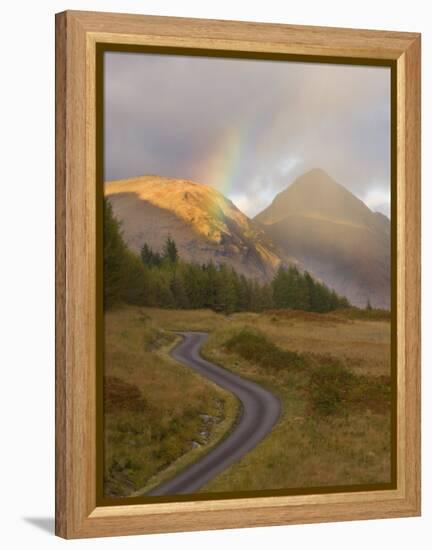 Mountain Road with Rainbow in Glen Etive, Argyll, Scotland, UK, October 2007-Niall Benvie-Framed Premier Image Canvas