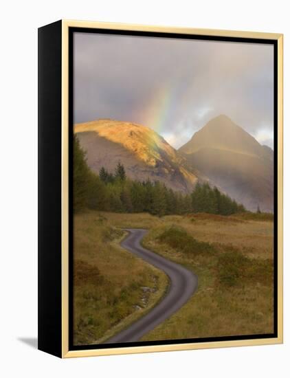 Mountain Road with Rainbow in Glen Etive, Argyll, Scotland, UK, October 2007-Niall Benvie-Framed Premier Image Canvas