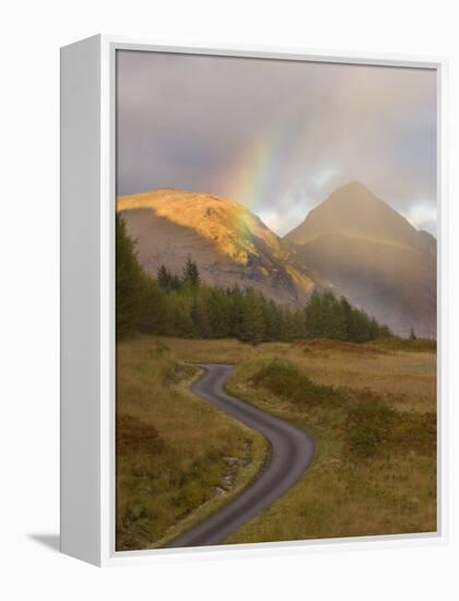 Mountain Road with Rainbow in Glen Etive, Argyll, Scotland, UK, October 2007-Niall Benvie-Framed Premier Image Canvas