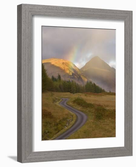 Mountain Road with Rainbow in Glen Etive, Argyll, Scotland, UK, October 2007-Niall Benvie-Framed Photographic Print