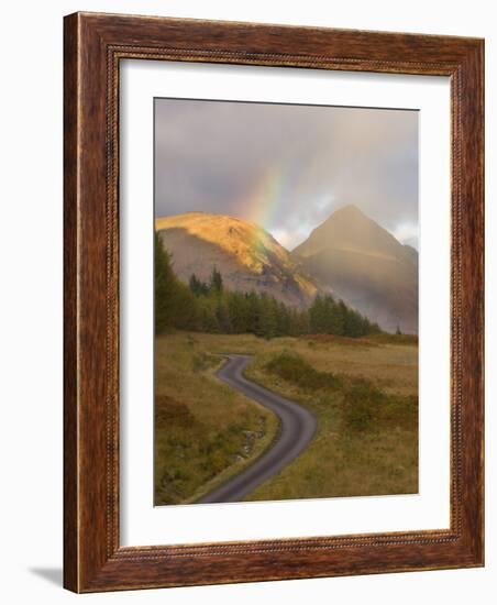 Mountain Road with Rainbow in Glen Etive, Argyll, Scotland, UK, October 2007-Niall Benvie-Framed Photographic Print