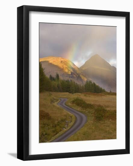 Mountain Road with Rainbow in Glen Etive, Argyll, Scotland, UK, October 2007-Niall Benvie-Framed Photographic Print