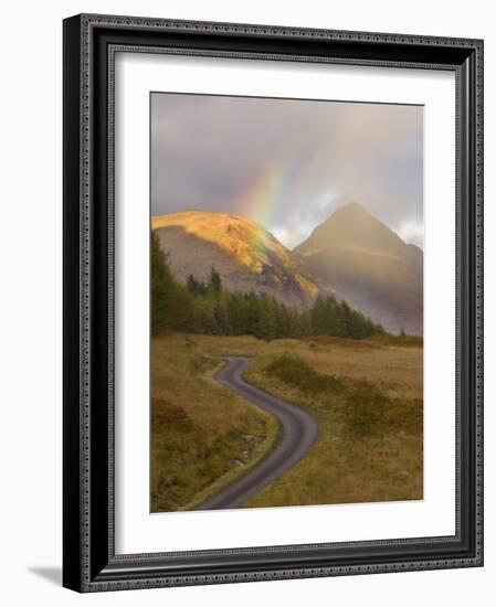 Mountain Road with Rainbow in Glen Etive, Argyll, Scotland, UK, October 2007-Niall Benvie-Framed Photographic Print
