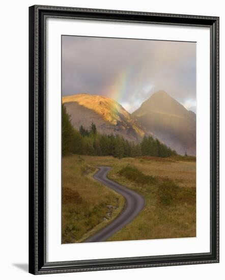 Mountain Road with Rainbow in Glen Etive, Argyll, Scotland, UK, October 2007-Niall Benvie-Framed Photographic Print