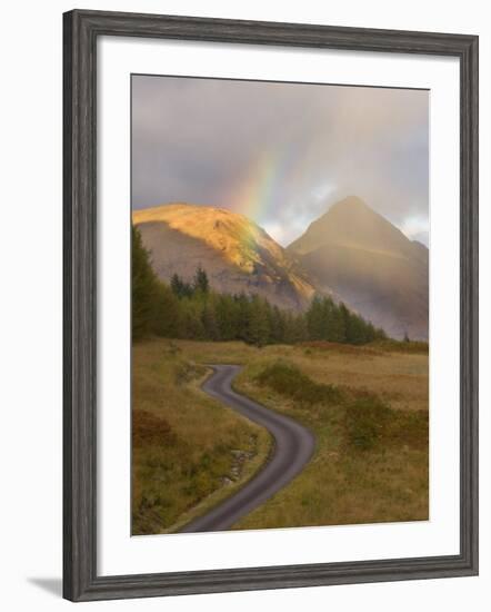 Mountain Road with Rainbow in Glen Etive, Argyll, Scotland, UK, October 2007-Niall Benvie-Framed Photographic Print