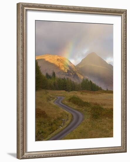 Mountain Road with Rainbow in Glen Etive, Argyll, Scotland, UK, October 2007-Niall Benvie-Framed Photographic Print