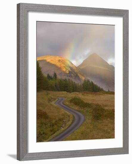 Mountain Road with Rainbow in Glen Etive, Argyll, Scotland, UK, October 2007-Niall Benvie-Framed Photographic Print