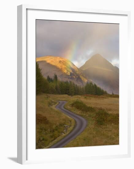 Mountain Road with Rainbow in Glen Etive, Argyll, Scotland, UK, October 2007-Niall Benvie-Framed Photographic Print