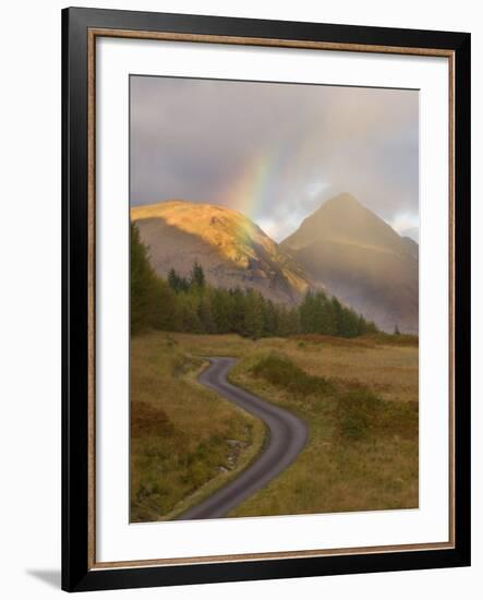 Mountain Road with Rainbow in Glen Etive, Argyll, Scotland, UK, October 2007-Niall Benvie-Framed Photographic Print