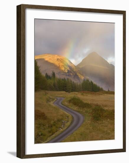 Mountain Road with Rainbow in Glen Etive, Argyll, Scotland, UK, October 2007-Niall Benvie-Framed Photographic Print