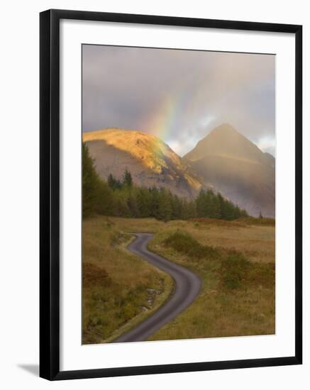 Mountain Road with Rainbow in Glen Etive, Argyll, Scotland, UK, October 2007-Niall Benvie-Framed Photographic Print