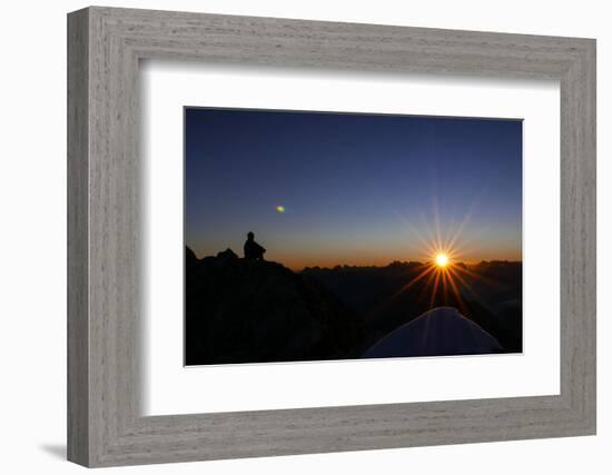 Mountaineer Admires Sunrise and Sunrays-Rolf Roeckl-Framed Photographic Print