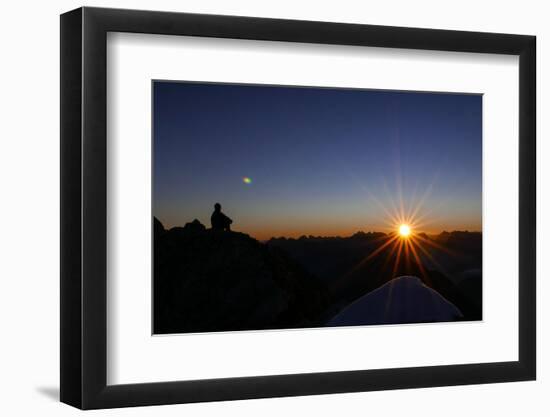 Mountaineer Admires Sunrise and Sunrays-Rolf Roeckl-Framed Photographic Print