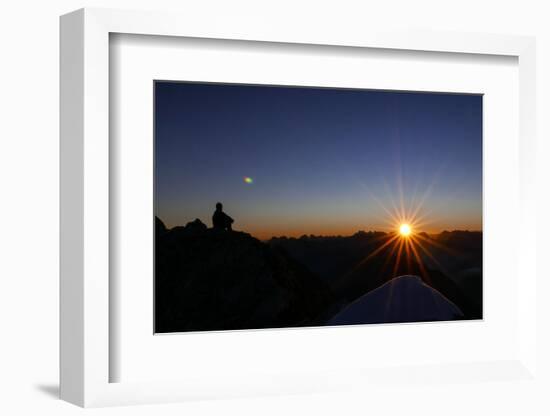 Mountaineer Admires Sunrise and Sunrays-Rolf Roeckl-Framed Photographic Print