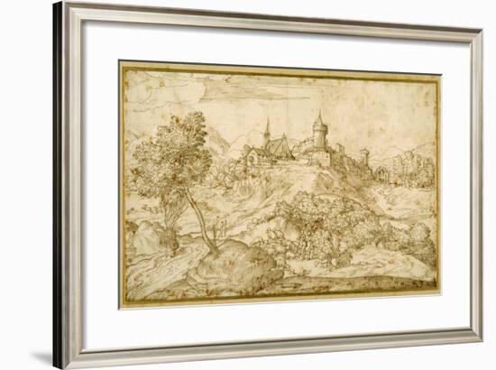 Mountainous Landscape with a Walled Hill Town: a Shepherd Accosted as He Tends His Flock in the…-Domenico Campagnola-Framed Giclee Print