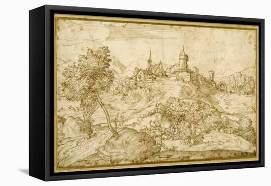 Mountainous Landscape with a Walled Hill Town: a Shepherd Accosted as He Tends His Flock in the…-Domenico Campagnola-Framed Premier Image Canvas
