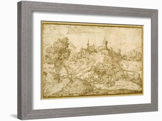 Mountainous Landscape with a Walled Hill Town: a Shepherd Accosted as He Tends His Flock in the…-Domenico Campagnola-Framed Giclee Print