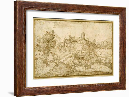 Mountainous Landscape with a Walled Hill Town: a Shepherd Accosted as He Tends His Flock in the…-Domenico Campagnola-Framed Giclee Print