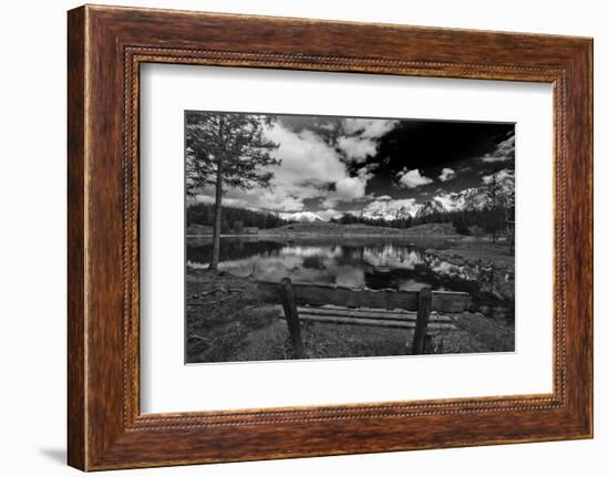 Mountainous Region with Mountain Lake, Wooden Bench in Front of Mountain Lake-Klaus Scholz-Framed Photographic Print