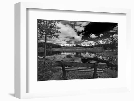 Mountainous Region with Mountain Lake, Wooden Bench in Front of Mountain Lake-Klaus Scholz-Framed Photographic Print