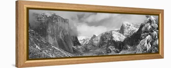 Mountains and Waterfall in Snow, Tunnel View, El Capitan, Half Dome, Bridal Veil-null-Framed Stretched Canvas