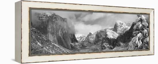 Mountains and Waterfall in Snow, Tunnel View, El Capitan, Half Dome, Bridal Veil-null-Framed Stretched Canvas