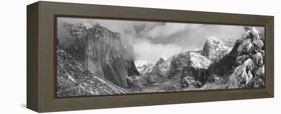 Mountains and Waterfall in Snow, Tunnel View, El Capitan, Half Dome, Bridal Veil-null-Framed Stretched Canvas