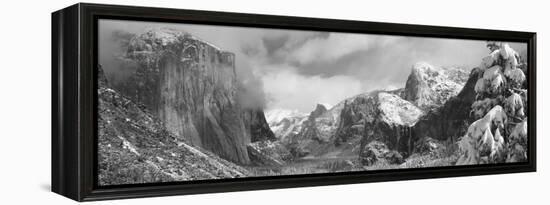 Mountains and Waterfall in Snow, Tunnel View, El Capitan, Half Dome, Bridal Veil-null-Framed Stretched Canvas