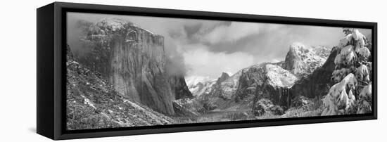 Mountains and Waterfall in Snow, Tunnel View, El Capitan, Half Dome, Bridal Veil-null-Framed Stretched Canvas