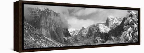 Mountains and Waterfall in Snow, Tunnel View, El Capitan, Half Dome, Bridal Veil-null-Framed Stretched Canvas