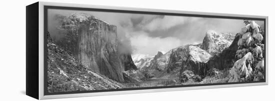 Mountains and Waterfall in Snow, Tunnel View, El Capitan, Half Dome, Bridal Veil-null-Framed Stretched Canvas