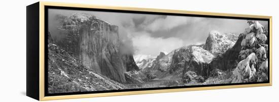 Mountains and Waterfall in Snow, Tunnel View, El Capitan, Half Dome, Bridal Veil-null-Framed Stretched Canvas