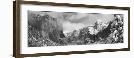 Mountains and Waterfall in Snow, Tunnel View, El Capitan, Half Dome, Bridal Veil-null-Framed Premium Photographic Print