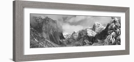 Mountains and Waterfall in Snow, Tunnel View, El Capitan, Half Dome, Bridal Veil-null-Framed Photographic Print