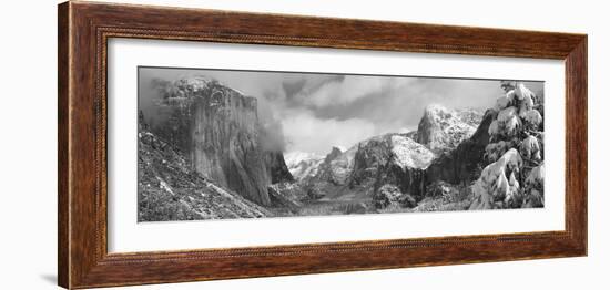 Mountains and Waterfall in Snow, Tunnel View, El Capitan, Half Dome, Bridal Veil-null-Framed Photographic Print