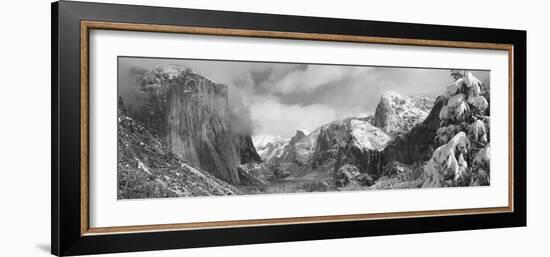 Mountains and Waterfall in Snow, Tunnel View, El Capitan, Half Dome, Bridal Veil-null-Framed Photographic Print