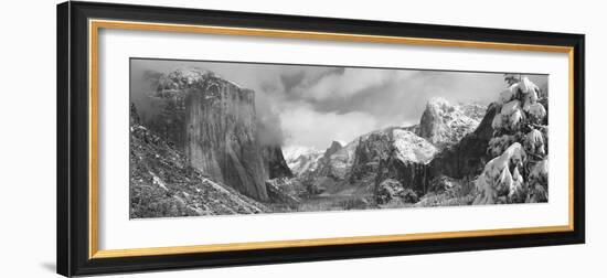 Mountains and Waterfall in Snow, Tunnel View, El Capitan, Half Dome, Bridal Veil-null-Framed Photographic Print