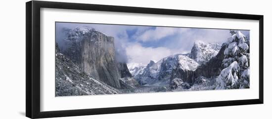 Mountains and Waterfall in Snow, Tunnel View, Half Dome, Yosemite National Park, California-null-Framed Photographic Print