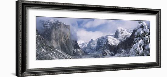 Mountains and Waterfall in Snow, Tunnel View, Half Dome, Yosemite National Park, California-null-Framed Photographic Print