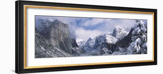 Mountains and Waterfall in Snow, Tunnel View, Half Dome, Yosemite National Park, California-null-Framed Photographic Print