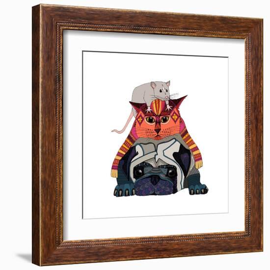 Mouse Cat Pug White-Sharon Turner-Framed Art Print