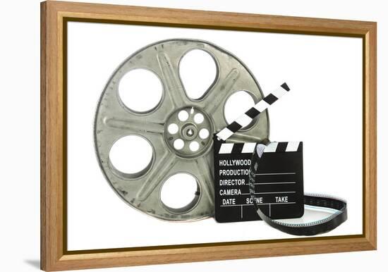 Movie Clapper Board With Film Reel On White Background-Steve Collender-Framed Stretched Canvas