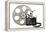 Movie Clapper Board With Film Reel On White Background-Steve Collender-Framed Stretched Canvas