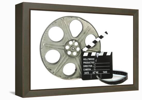 Movie Clapper Board With Film Reel On White Background-Steve Collender-Framed Stretched Canvas