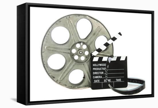 Movie Clapper Board With Film Reel On White Background-Steve Collender-Framed Stretched Canvas