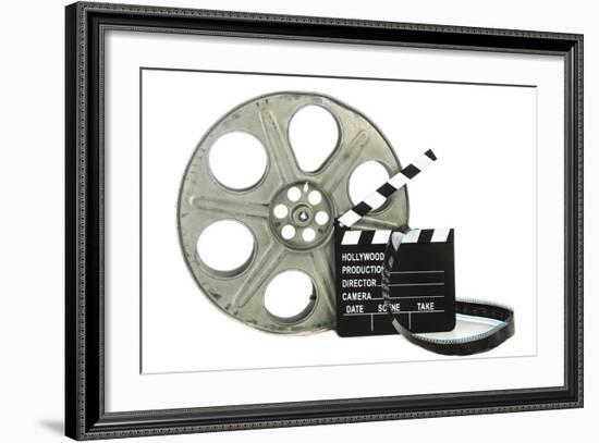 Movie Clapper Board With Film Reel On White Background-Steve Collender-Framed Art Print