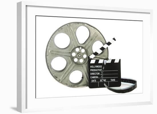 Movie Clapper Board With Film Reel On White Background-Steve Collender-Framed Art Print