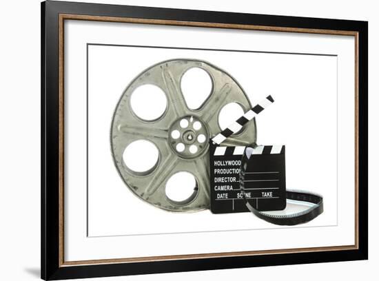 Movie Clapper Board With Film Reel On White Background-Steve Collender-Framed Art Print